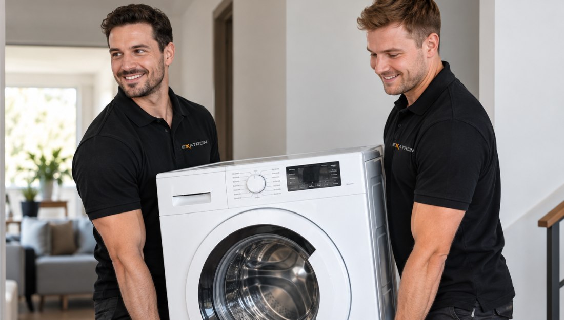 Zwei EXXATRON Mitarbeiter tragen eine Waschmaschine in die Wohnung